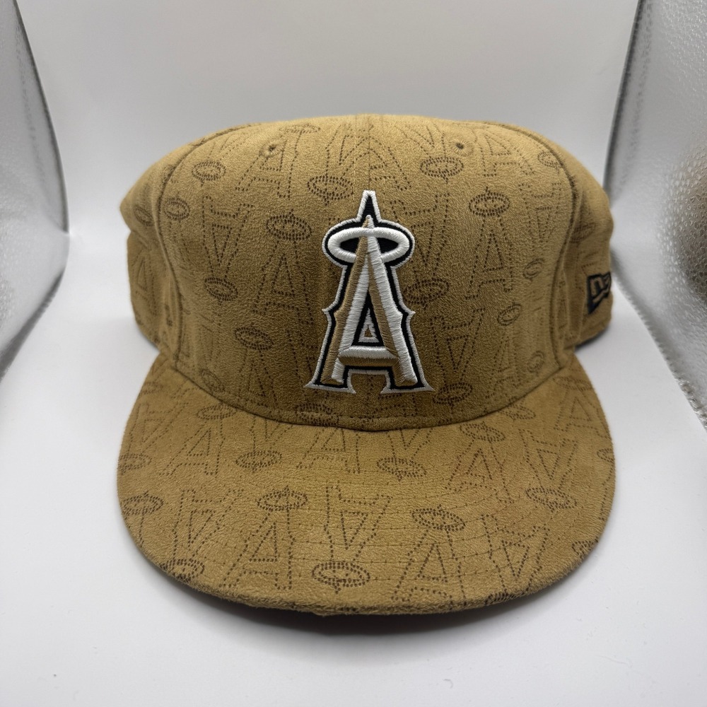 New Era 59FIFTY Los Angeles Angels Hat Tan Monogram Faux Suede Fitted 7 5/8